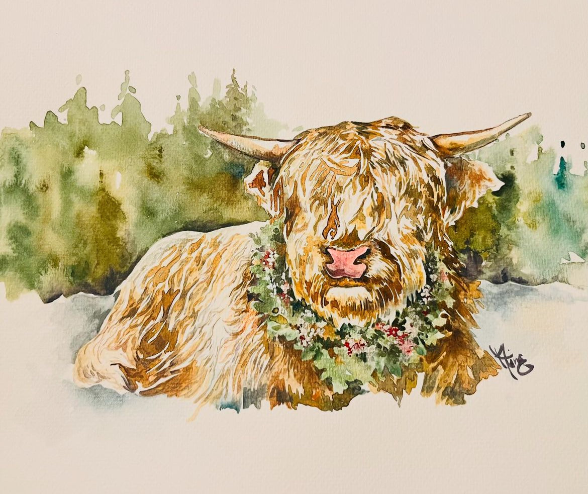 Highland Cow Christmas - Watercolor Original